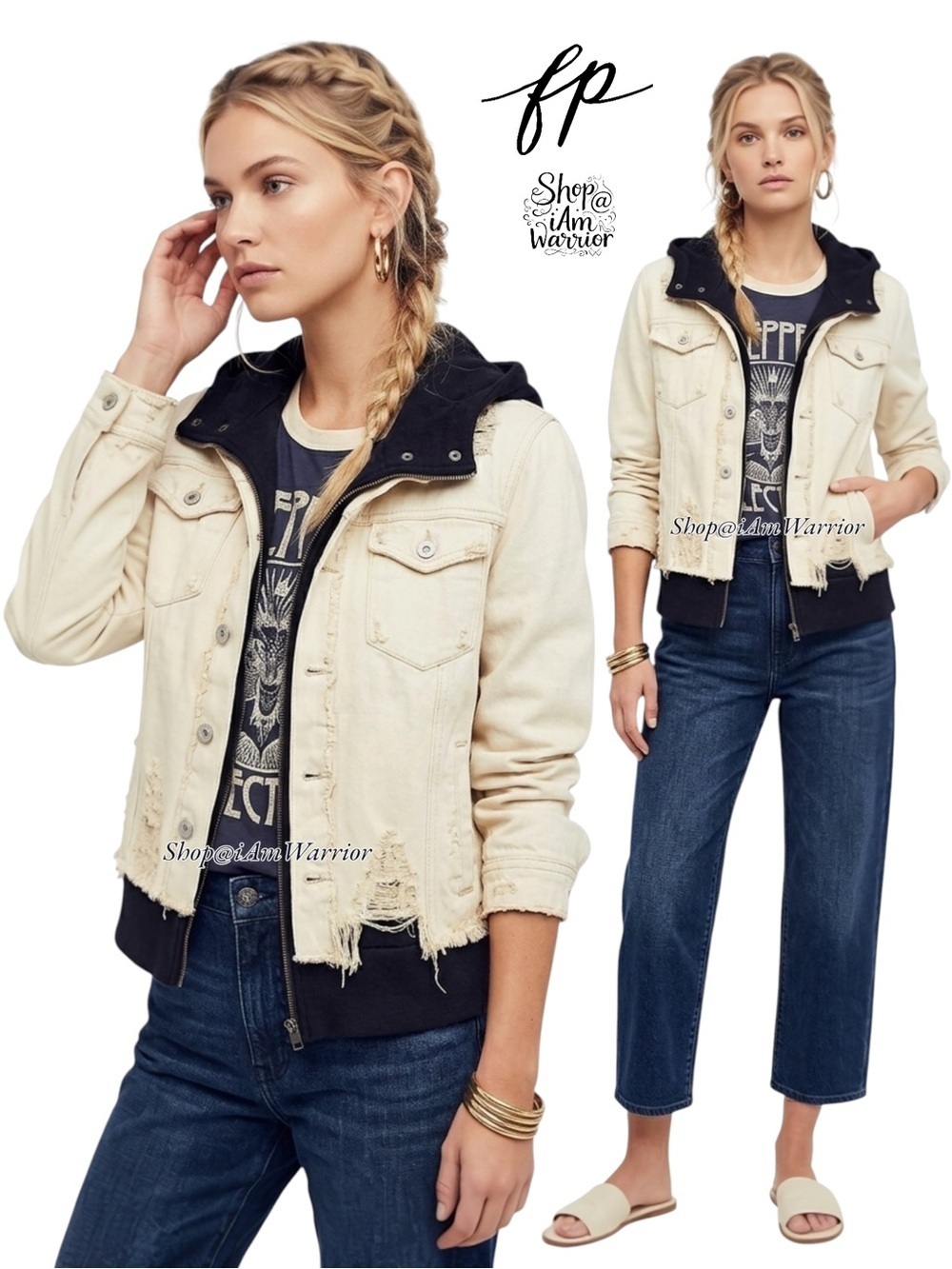 Free People Distressed Cropped Denim Jacket w/ Hooded Layer *shop@iamwarrior